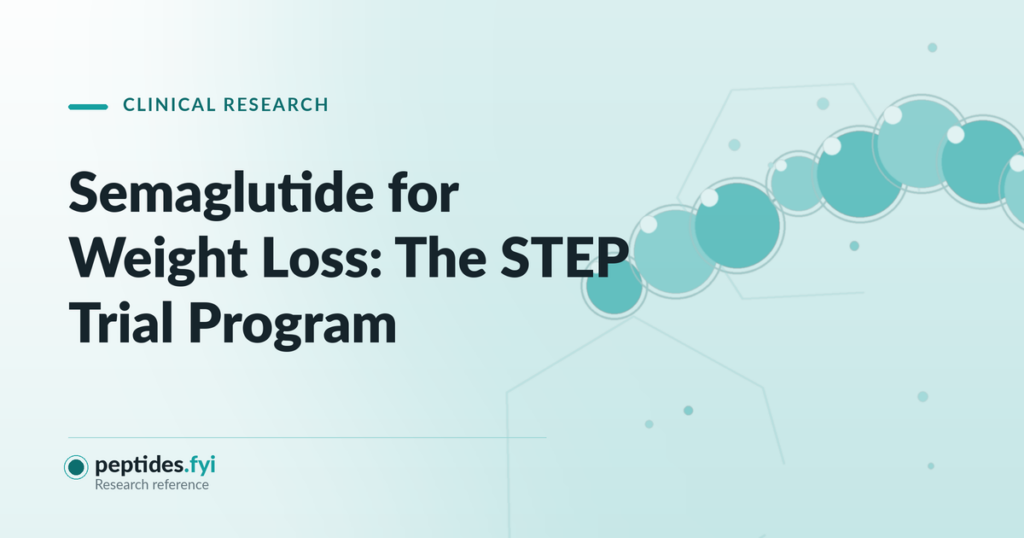 Featured graphic for the peptides.fyi article "Semaglutide for Weight Loss: The STEP Trial Program" — abstract molecular and peptide-chain illustration.