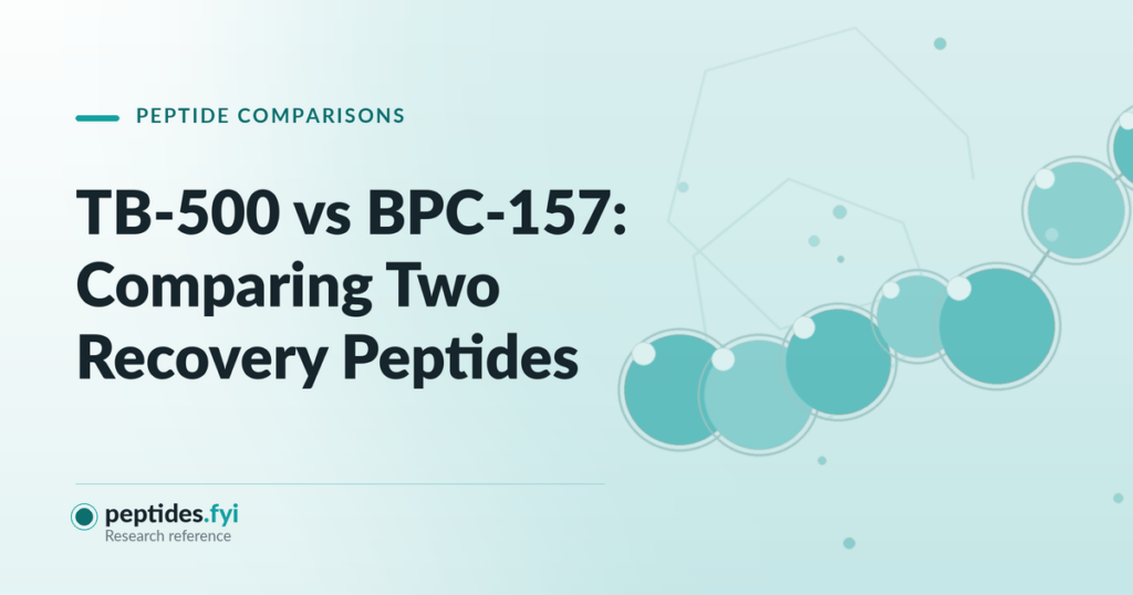 Featured graphic for the peptides.fyi article "TB-500 vs BPC-157: Comparing Two Recovery Peptides" — abstract molecular and peptide-chain illustration.