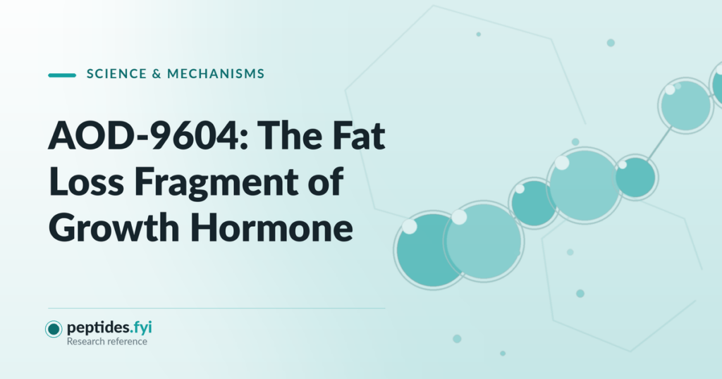 Featured graphic for the peptides.fyi article "AOD-9604: The Fat Loss Fragment of Growth Hormone" — abstract molecular and peptide-chain illustration.