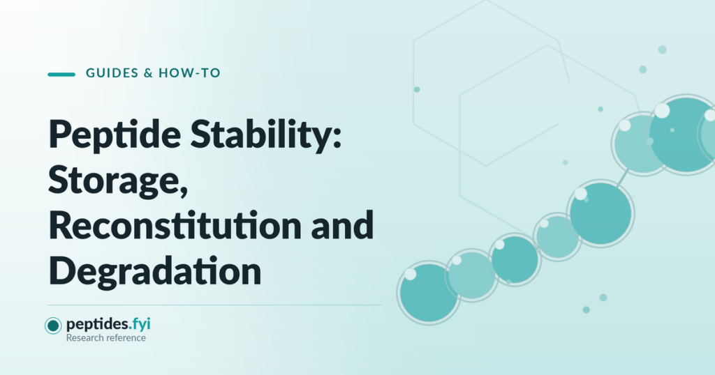 Featured graphic for the peptides.fyi article "Peptide Stability: Storage, Reconstitution & Degradation" — abstract molecular and peptide-chain illustration.