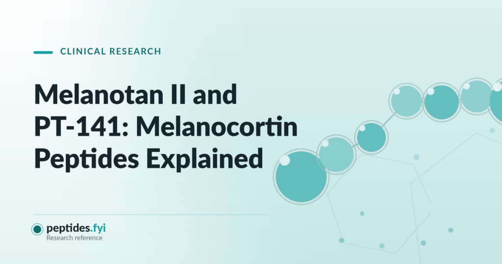 Featured graphic for the peptides.fyi article "Melanotan II and PT-141: Melanocortin Peptides Explained" — abstract molecular and peptide-chain illustration.