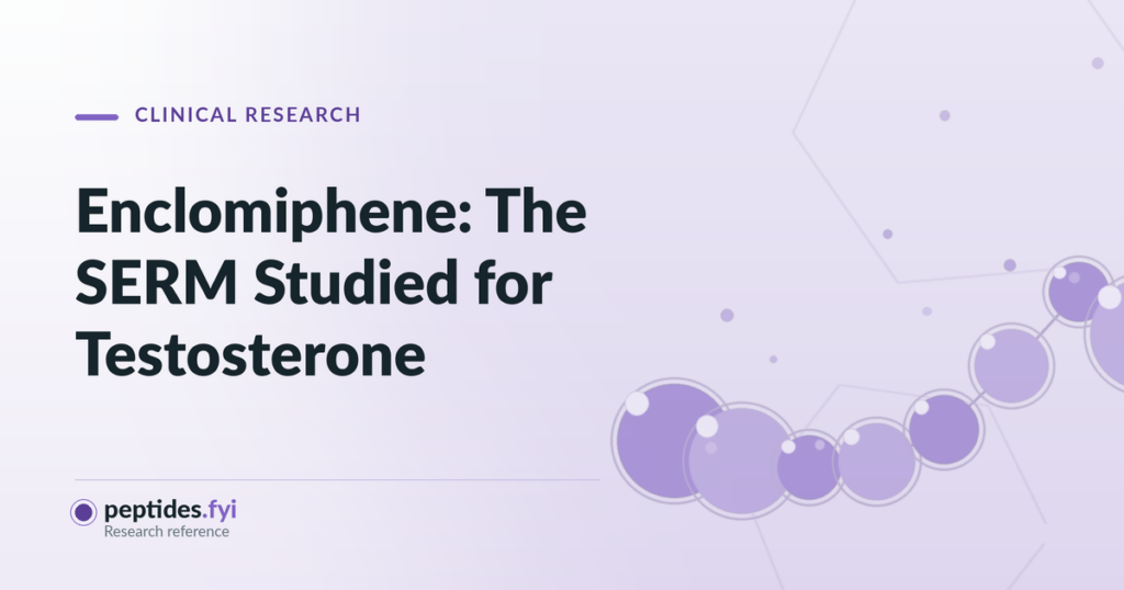 Featured graphic for the peptides.fyi article "Enclomiphene: The SERM Studied for Testosterone" — abstract molecular and peptide-chain illustration.