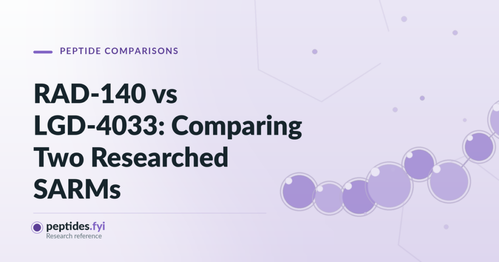 Featured graphic for the peptides.fyi article "RAD-140 vs LGD-4033: Comparing Two Researched SARMs" — abstract molecular and peptide-chain illustration.